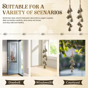 Vintage brass bell wind chime with hemp rope hanging decor for home, door and garden.