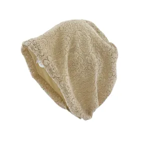 Women spring autumn thin floral jacquard slouchy beanie hat elegant lace knitted cap white