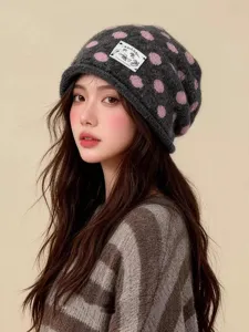 Koreanischer Strick Beanie Hut mit Polka Dots und Stoffaufnäher für Damen Winter warm