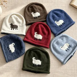 Niedliches Schaf Muster Strick Beanie Winter Mütze für Damen warme stylische Kopfbedeckung