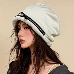 Damen slouchy Strickmütze Winter warm stylische Reißverschluss Beanie lässige Mütze