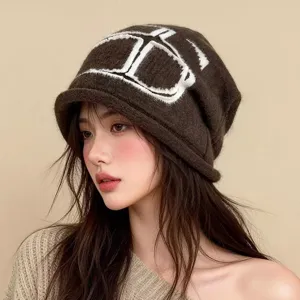 Bonnet slouchy en tricot à revers chaud d'hiver style coréen pour femmes, marron oversize.