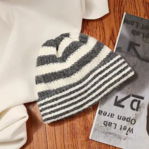 Japanischer Stil gestreifte Strickmuetze, warme Wintermuetze fuer Damen, bequeme Kopfbedeckung