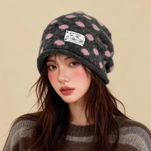 Damen Vintage Gepunktete Strickmütze Warm Koreanischer Stil Jacquard Ohrenschutz Beanie Weiche Winter Mode Strickmütze