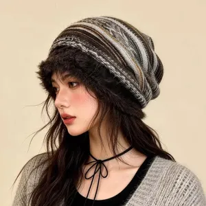 Mujer invierno gorro de punto retro jacquard felpa cálido slouchy sombrero estilo diario