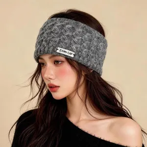 Diadema de punto gris para mujer, cinta de pelo térmica de lana y orejera de vista principal