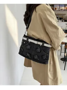 Borsa a tracolla in denim nero da donna, elegante borsa da spalla con cintura lucida e strass.