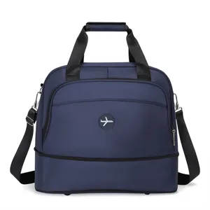 Large capacity dark blue travel duffel bag with shoulder strap, convenient for business trips.