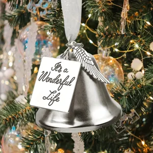 Christmas tree bell ornament with angel wing charm and engraved metal tag holiday party decor