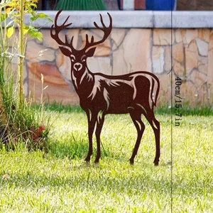 Metal deer silhouette statue for outdoor garden and yard decoration, rust finish, detail view.