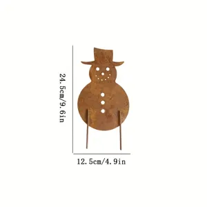Rusty metal snowman garden stake detail showing overall height and width dimensions clearly.