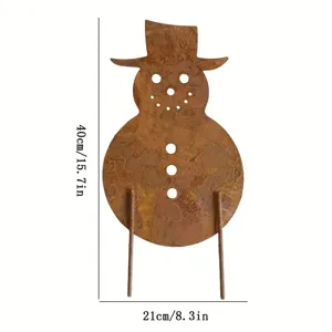 Rusty metal snowman garden stake detail showing dimensions and vintage silhouette design.