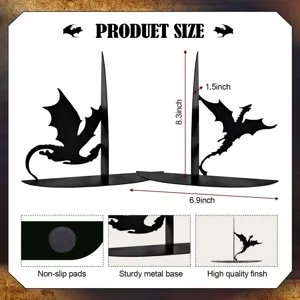 Dragon metal bookends detail showing dimensions, non-slip pads, and sturdy base features.