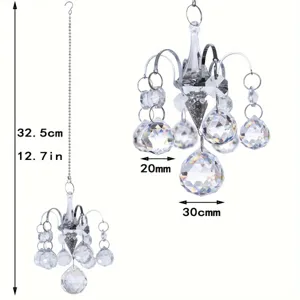 Crystal glass hanging suncatcher pendant detail view featuring measurement specs and chain.