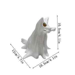 Halloween ghost puppy resin ornament detail view, showing size dimensions and white hollow design.