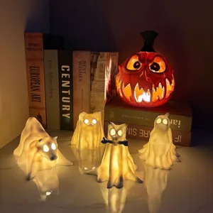 Halloween Ghost Puppy Resin Ornament Hollow Pumpkin LED Luminous Desktop Figurine Home Decor Holiday Gift