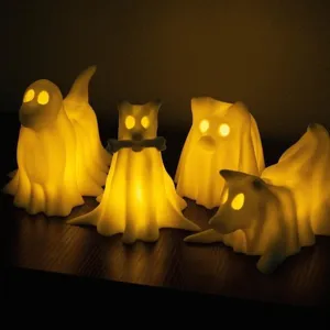Halloween ghost dog resin figurine glowing desktop ornament, spooky party home decor gift detail.