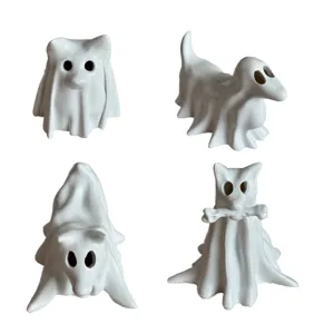 Halloween white ghost cat and dog resin statues, four funny animal figurines for home decor.
