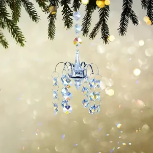 Crystal glass suncatcher hanging pendant, miniature chandelier design, brilliant light sparkle.