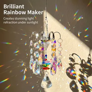 Close-up view of crystal sun catcher casting stunning rainbow light reflections on wall.