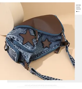 2025 new fashion star denim patchwork shoulder bag versatile hobo crossbody bag for women
