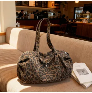 Chic leopard print canvas shoulder bag, vintage casual large capacity tote handbag for women