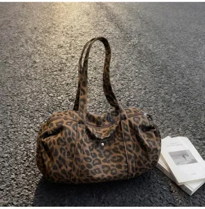 Leopard print canvas shoulder bag, stylish retro casual tote bag for women daily use