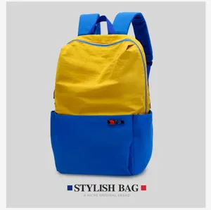 Yellow and blue color block backpack with front pocket and comfortable shoulder straps design.