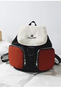 Casual color block backpack detail view, multi-pocket daily student school bag