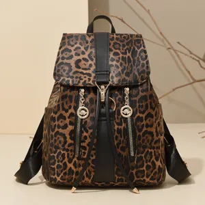 Women Leopard Print Backpack Vintage PU Leather School Bag Casual Travel Rucksack
