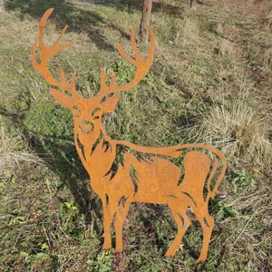 Rusty metal deer silhouette garden statue outdoor lawn ornament with fine detail view.
