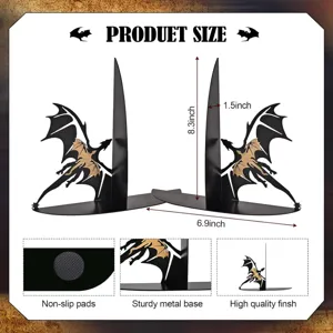 Heavy duty metal bookends with dragon design non slip base for home office desktop decor