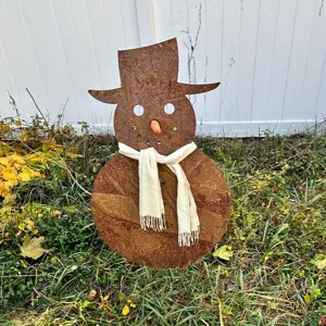 Rusty metal snowman garden stake with white scarf for Christmas outdoor holiday yard decor