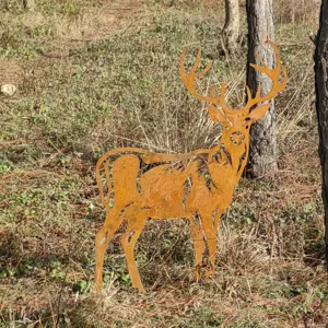 Outdoor metal deer silhouette stake detail view, rustic garden lawn decor ornament view.