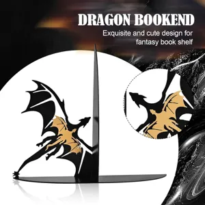Detail view of the metal dragon bookend, featuring exquisite cutout silhouette and gold wings.