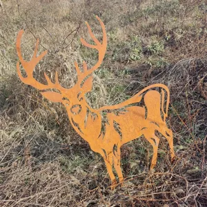Metal deer silhouette garden stake, vintage rusty finish outdoor yard lawn decoration.