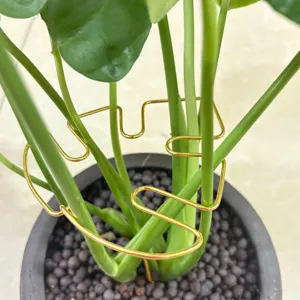 Gold metal monstera leaf plant support stakes for potted indoor plants and garden flower pots.