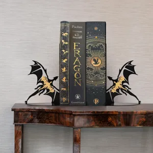 Metal dragon bookends for desktop bookshelf, black and gold heavy duty book stands for home decor.