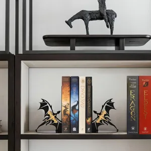 Metal dragon bookends for desktop bookshelf, heavy duty decorative book stand for home.