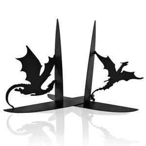 Metal dragon bookends detail view, heavy duty decorative book stand for office shelves.