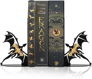 Metal dragon bookends with fantasy book decor for desktop bookshelf and home decoration.