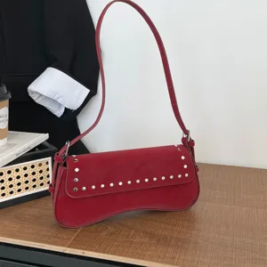Red rivet shoulder bag vintage baguette bag stylish women commuter PU leather handbag