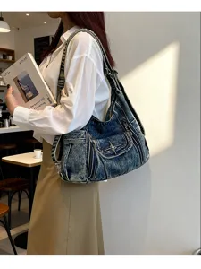 Y2K vintage denim shoulder bag multi-use cross-body handbag with stylish metal star hardware