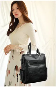 Zaino convertibile multi-cerniera in pelle PU nera borsa a mano dettaglio, elegante borsa da donna.