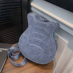 Novelty guitar shaped crossbody bag for women, stylish blue denim texture shoulder bag with studs.