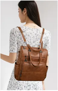 Zaino elegante in ecopelle marrone da donna con tasche multiple e chiusure lampo pratiche.