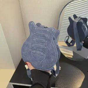 Guitar shape crossbody bag detail, unique musical instrument design, stylish gray shoulder bag.