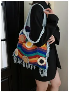 Bolso de hombro de punto de rayas coloridas con flecos y girasoles, bolso de playa informal.