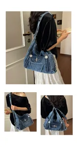Y2K denim shoulder bag with metal star accent, casual slouchy tote bag for daily commuting.