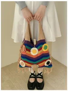 Bolso de hombro de punto de gran capacidad a rayas arcoíris para mujer, elegante bolso de playa.